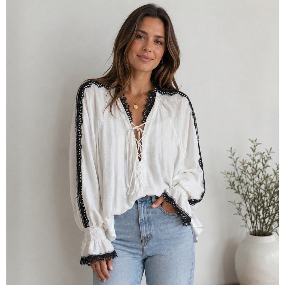 Wiggy Kit Silk Blouse Women Large White Black Lace Trim Lace Up Long Sleeve